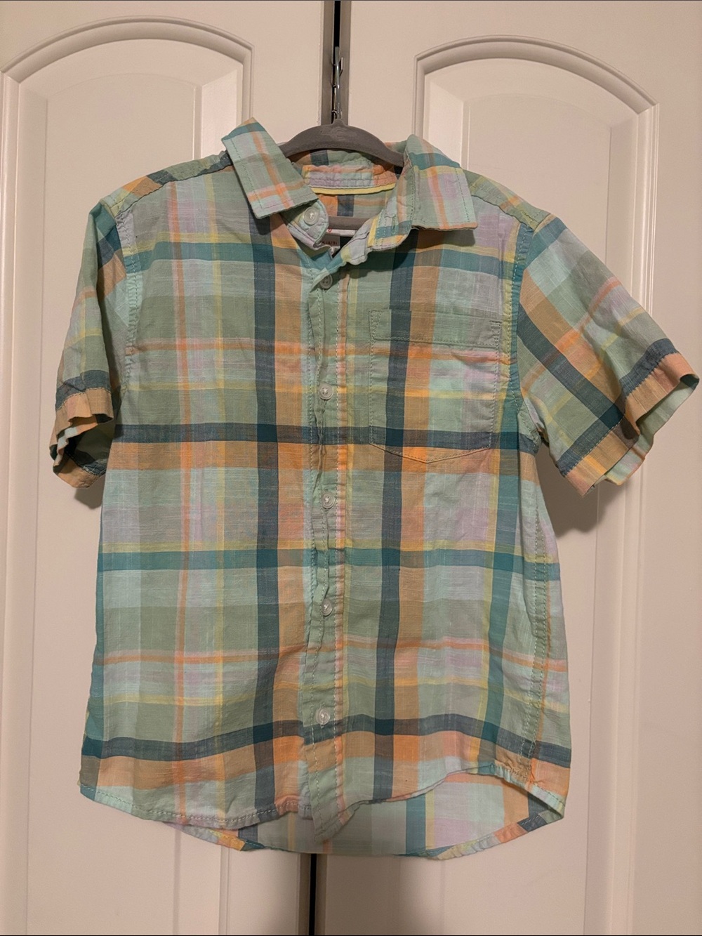 Cat & Jack Mint, Tan & Teal Plaid Short-Sleeve Button-Up
